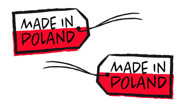 grafika przedstawiająca dwie metki we flagę polską z napisem Made in Poland