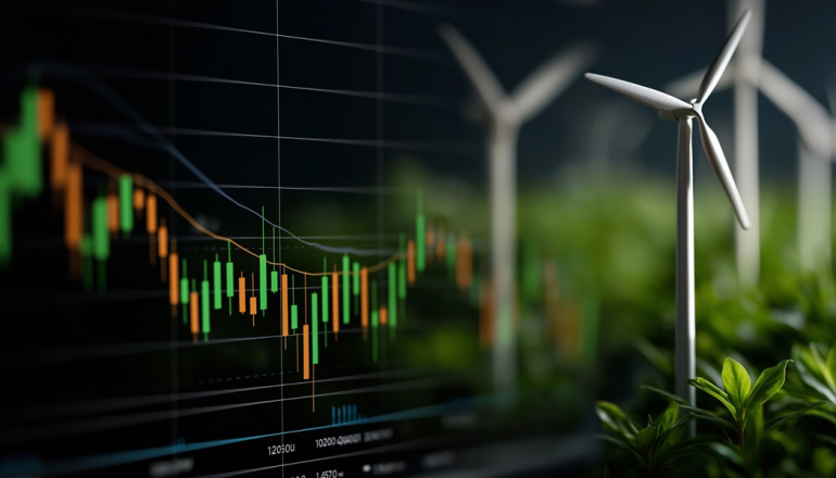 wykresy wyników finansowych i w tle wiatraki