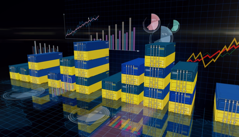 słupki w barwach flagi ukraińskiej na wykresie
