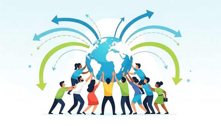 grafika, ludzie trzymający kuję ziemską