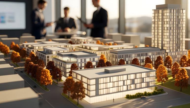 Model architektoniczny nowoczesnej miejskiej zabudowy z ludźmi w tle
