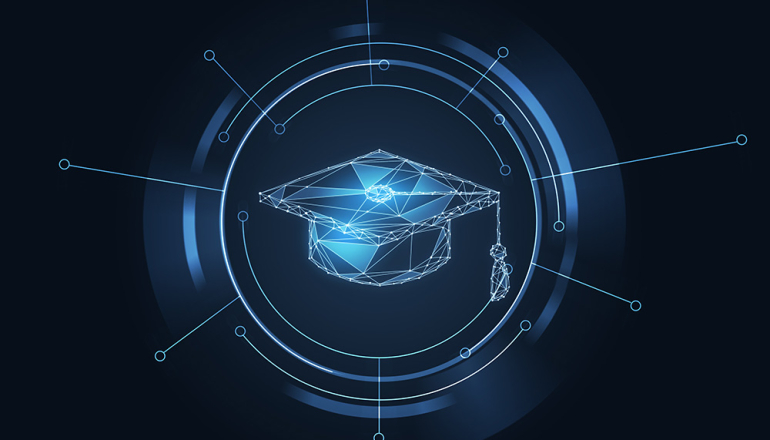 Koncepcja edukacji, ilustracja hologramu. Nauka online. Rendering 3D.