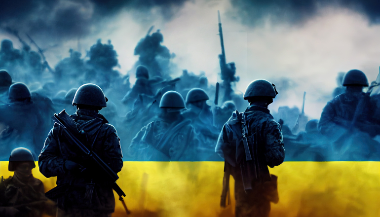 żołnierze na polu walki w tle barwy narodowe Ukrainy