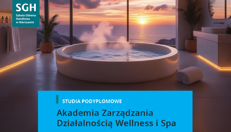 zdjęcie spa z niebieskim tłem na dole i podpis: studia podyplomowe Akademia Zarządzania Działalnością Wellness i SPA