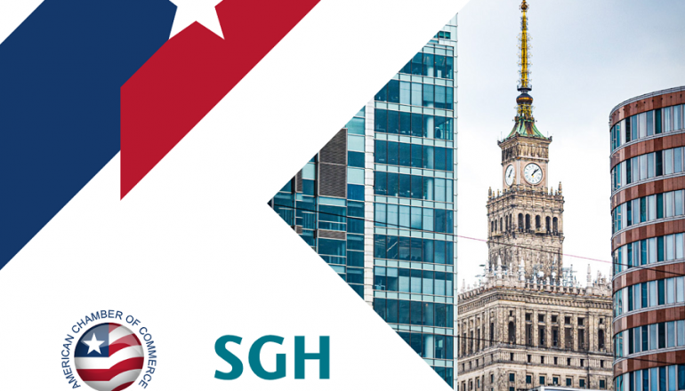 okładka raportu AmCham i SGH na temat inwestycji amerykańskich w Polsce; w tle pałac kultury