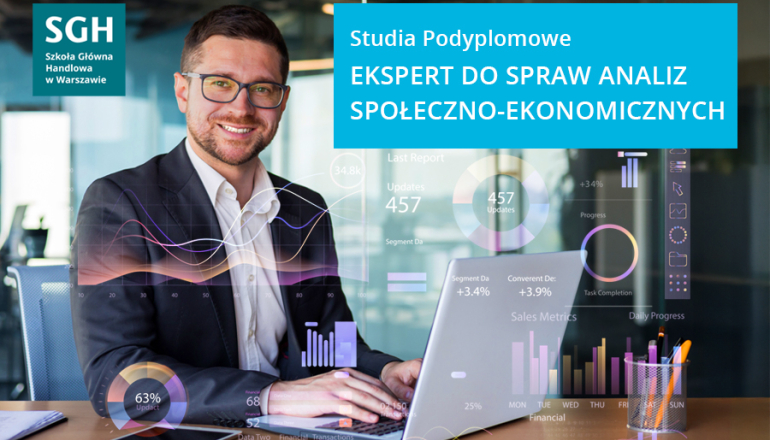 grafika przedstawiająca na zdjęciu mężczyznę przy laptopie; po prawej stronie napis Studia podyplomowe Ekspert analiz społeczno-ekonomicznych 