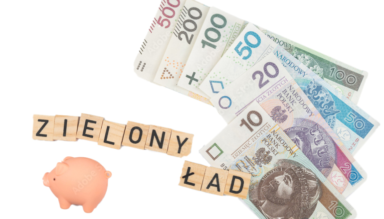 na grafice, skarbonka świnka, napis zielony ład i polskie banknoty