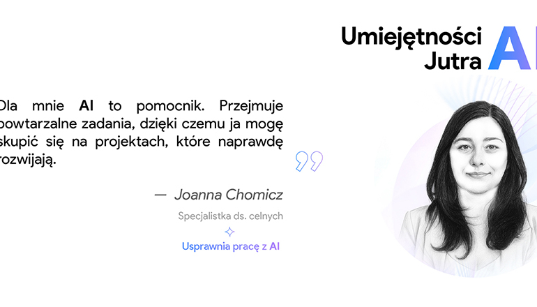 na białym tle grafizowana twarz kobiety i cytat, u góry napis: Umiejętności Jutra: AI