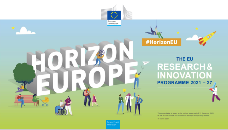 na niebiesko-zielonym tle napis: Horizon Europe