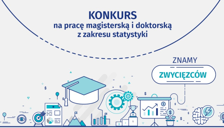 na białym tle elementy graficzne i napis: Konkurs Prezesa GUS na najlepszą pracę magisterską i doktorską z zakresu statystyki 2024