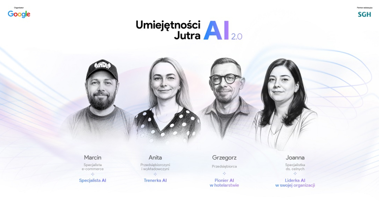 na białym tle narysowane popiersia czworga postaci, w górnych rogach loga SGH i Google