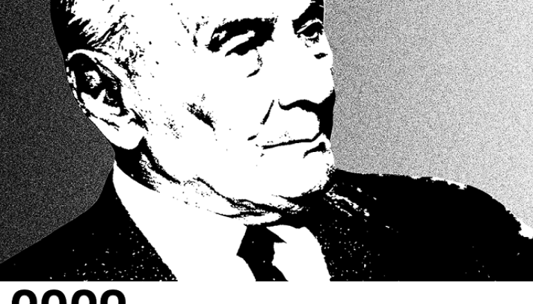 czarno-biała grafika twarz mężczyzny, pod spodem napis 2023 rokiem Edwarda Lipińskiego