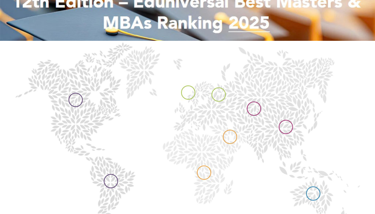 na białym tle zarys mamy świata, u góry kolorowa belka z napisem MBA ranking
