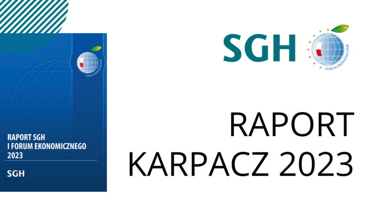 grafika przedstawiająca publikację "Raport SGH i Forum ekonomicznego 2023"; obok na białym tle loga SGH i FE, pod spodem napis: Raport Karpacz 2023