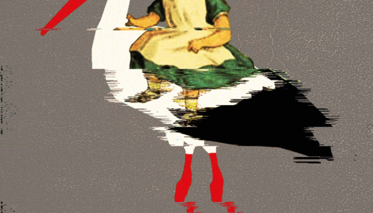 na szarym tle: grafika przedstawiająca małą dziewczynkę na bocianie