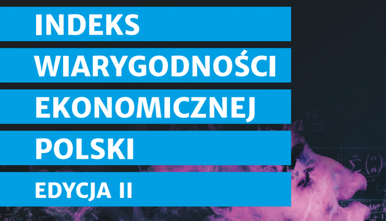 na czernym tle z przebijająca sie glową w kolorze fioletowym na niebieskich paskach napis: Indeks Wiarygodności Ekonomicznej Polski edycja II