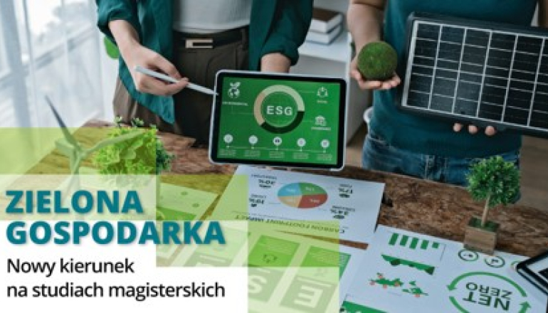 grafika przedstawiająca osobę trzymającą tablet i napis „Zielona gospodarka - nowy kierunek na studiach magisterskich"
