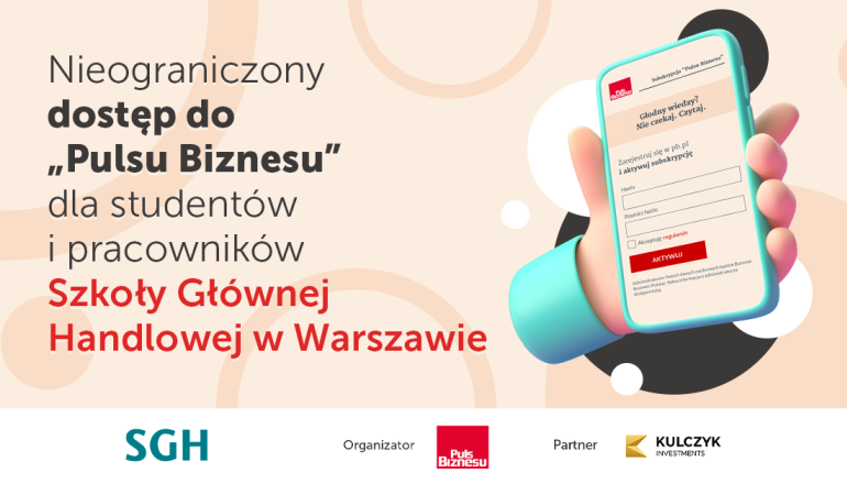 Grafika przedstawiająca trzymany w dłoni telefon komórkowy oraz napis nieograniczony dostep do pulsu biznesu dla studentów i pracowników Szkoły Głównej Handlowej w Warszawie