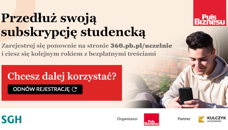 na zdjęciu mężczyzna trzymający komórkę w dłoni oraz napis Przedłuż swoją subskrypcję studencką