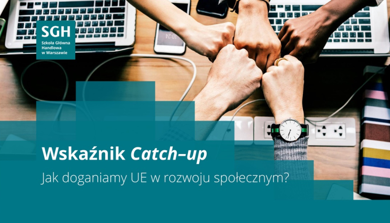 grafika przedstawiająca pięści kilku osób nad stołem, na którym jest laptop i podpis: Wskaźnik Catch-up