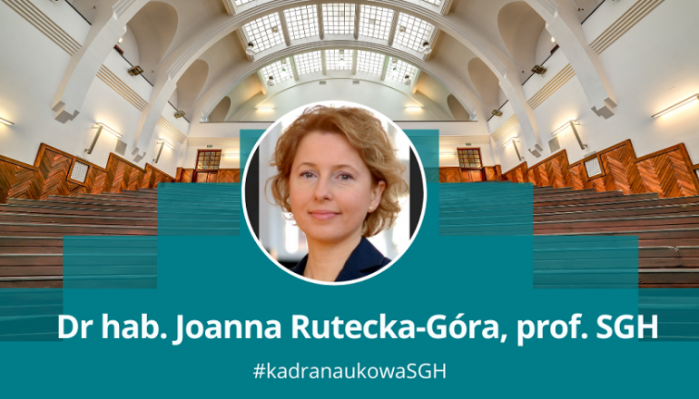 grafika obrazująca zdjęcie portretowe kobiety w okrągłej ramce na tle jednej z uczelnianych auli; podpis: dr hab. Joanna Rutecka-Góra, prof. SGH