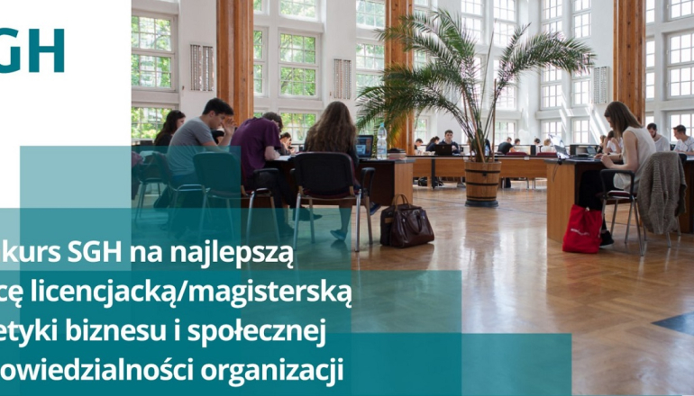 grafika z logiem SGH w lewym górnym rogu na zdjęciu ze studentami w bibliotece