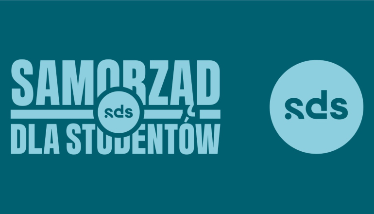 grafika na turkusowym tle błękitny napis Samorząd DLA Studentów
