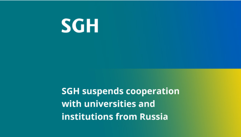 graphic showing SGH colors changing into Ukrainian flag; information about suspension of cooperation with universities and institutions from Russia