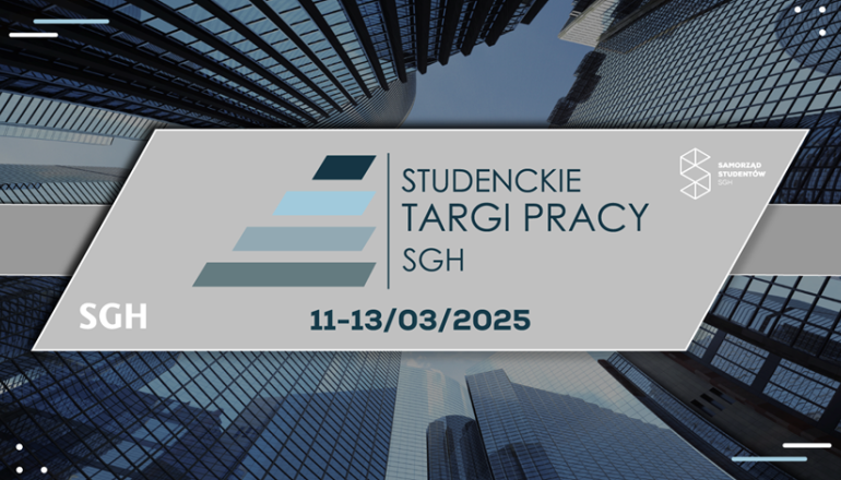 na szarym tle napis Studenckie Targi Pracy SGH; szare tłu umieszczone na zdjęciu wieżowców