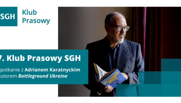 grafika przedstawiająca zdjecie mężczyzny, po lewej logo SGH oraz na turkusowym tle napis: 7. Klub Prasowy SGH