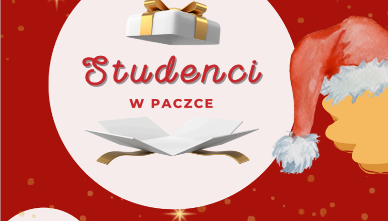 na czerwonym tle świąteczna grafika i napis Studenci w paczce