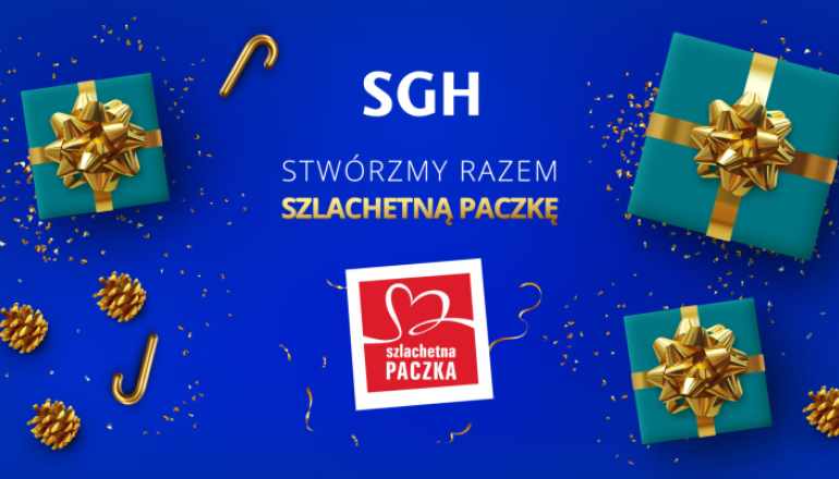 na granatowym tle paczki z prezentami i napis SGH Szlachetna Paczka