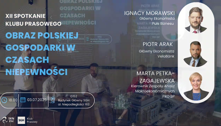 grafika przedstawiająca zdjęcia trojga mówców podczas 12. Klubu Prasowego SGH