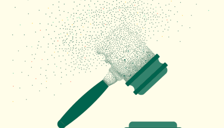 grafika pokazująca młotek sędziowski z jednej strony lity, z drugiej strony rozproszony   