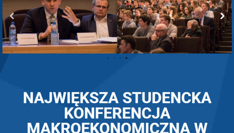 niebieska grafika: w połowie u góry dwa zdjęcia, na dole biały napis: Największa studencka konferencja makroekonomiczna w Polsce