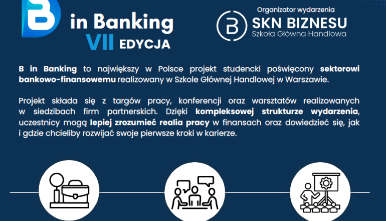 na granatowym tle logo B in Banking oraz tekst