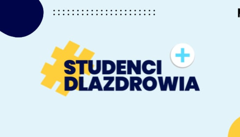 na błękitnym tle napis Studenci dla zdrowia, w lewym górnym rogu logo NZS