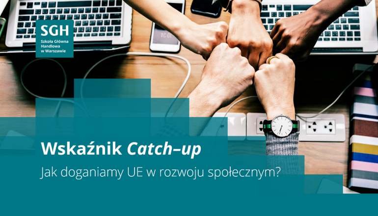 grafika przedstawiająca kilka stykających się rąk ułożonych w pięści, pod spodem napis: Wskaźnik Catch-up, Jak doganiamy UE w rozwoju społecznym?