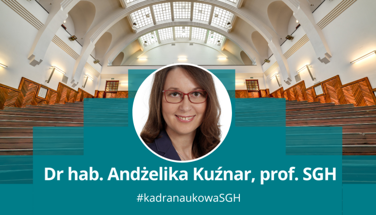 grafika przedstawiająca okrągłe zdjęcie kobiety na tle uczelnianej auli i podpis: dr hab. Andżelika Kuźnar, prof. SGH; #kadranaukowa SGH