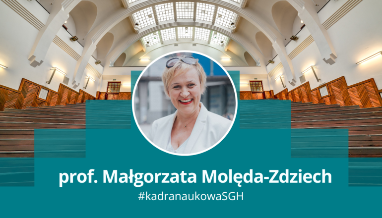grafika przedstawiająca okrągłe zdjęcie kobiety na tle uczelnianej auli; podpis: dr hab. Małgorzata Molęda-Zdziech, prof. SGH #kadranaukowa SGH