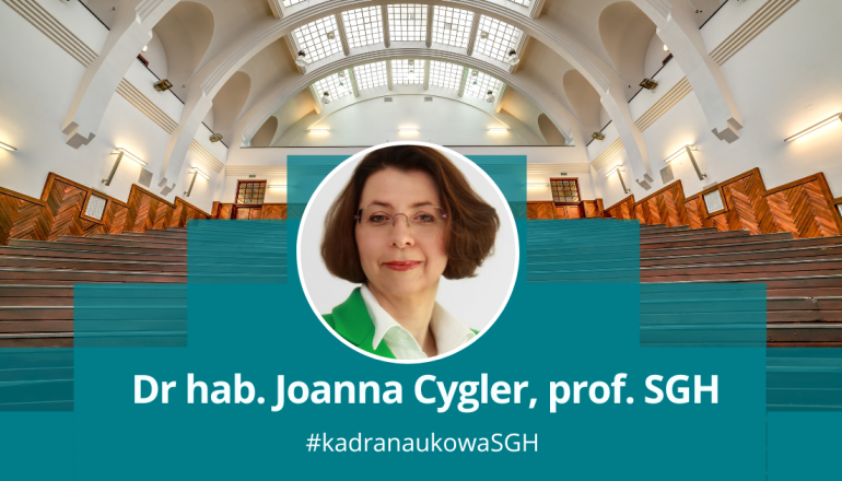 grafika przedstawiająca twarz kobiety w okrągłej ramce na tle uczelnianej auli; napis: dr hab. Joanna Cygler, prof. SGH #kadranaukowa