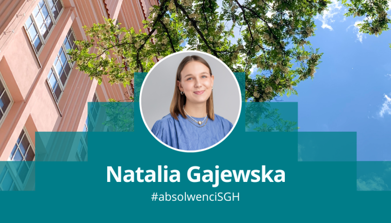 grafika przedstawiająca okrągłe zdjęcie kobiety na tle budynku uczelni i drzewa; podpis: Natalia Gajewska #absolwenci