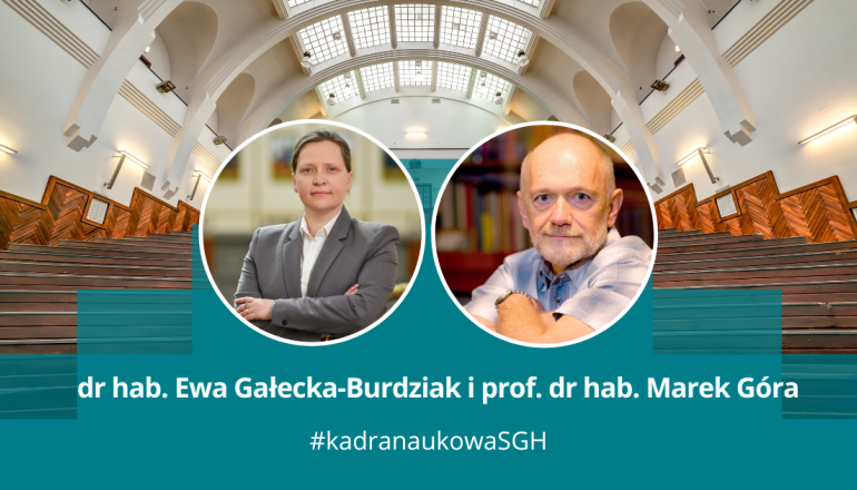 grafika przedstawiająca kobietę i mężczyznę w okrągłych ramkach na tle zdjęcia uczelnianej auli