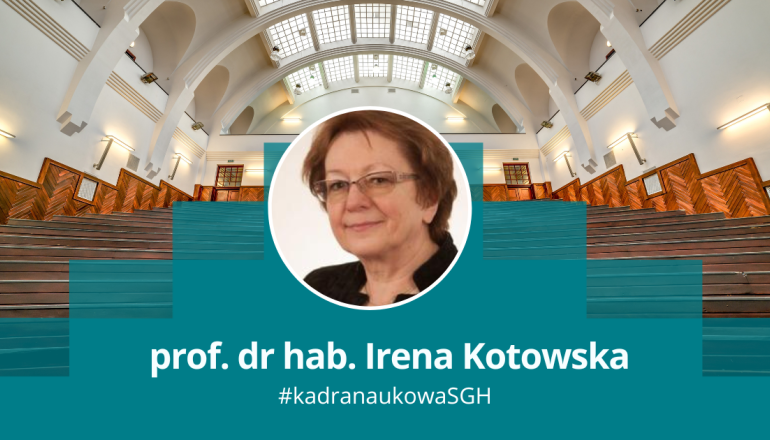 grafika przedstawiająca zdjęcie kobiety w okągłęj ramce na tle jednej z uczelnianych auli; podpis prof. dr hab. Irena Kotowska #kadranaukowaSGH