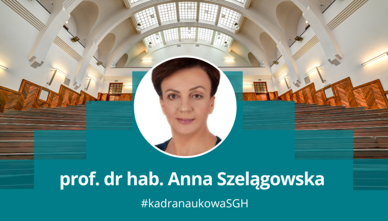 grafika przedstawiająca zdjęcie kobiety w okrągłej ramce na tle jednej z uczelnianych auli, pod spodem napis: prof. dr hab. Anna Szelągowska; #kadra naukowa SGH