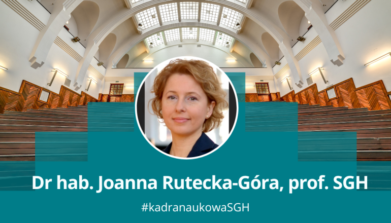 grafika przedstawiająca zdjęcie kobiety w okągłęj ramce na tle jednej z uczelnianych auli; podpis dr hab. Joanna Rutecka-Góra, prof. SGH, #kadranaukowaSGH