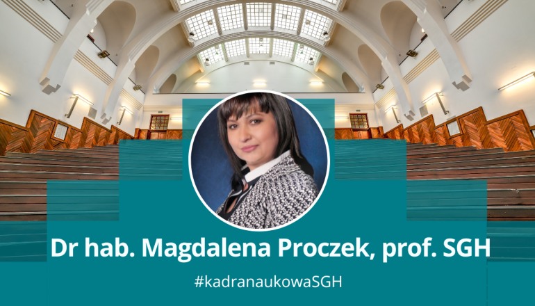 grafika przedstawiająca okrągłe zdjęcie kobiety na tle uczelnianej auli; podpis: dr hab. Magdalena Proczek, prof. SGH #kadranaukowaSGH