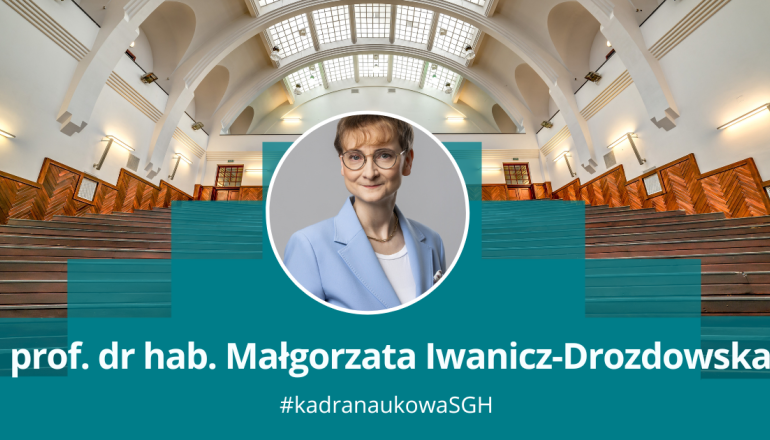 grafika przedstawiająca zdjęcie kobiety w okrągłej ramce na tle jednej z uczelnianych auli, pod spodem napis: prof. dr hab. Małgorzaty Iwanicz-Drozdowskiej; #kadra naukowa SGH