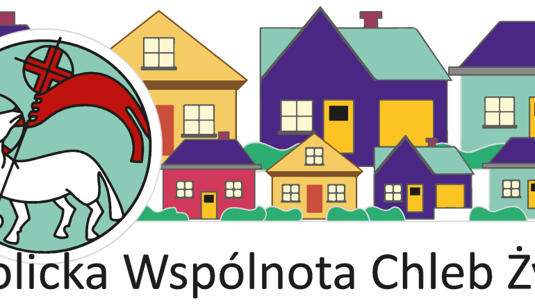 na białym tle kilka kolorowych domków i napis "katolicka Wspólnota Chleb Życia"