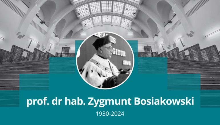 zdjęcia czarno-białe prof. dr. hab. Zygmunta Bosiakowskiego w kółku z podpisem, w tle aula SGH